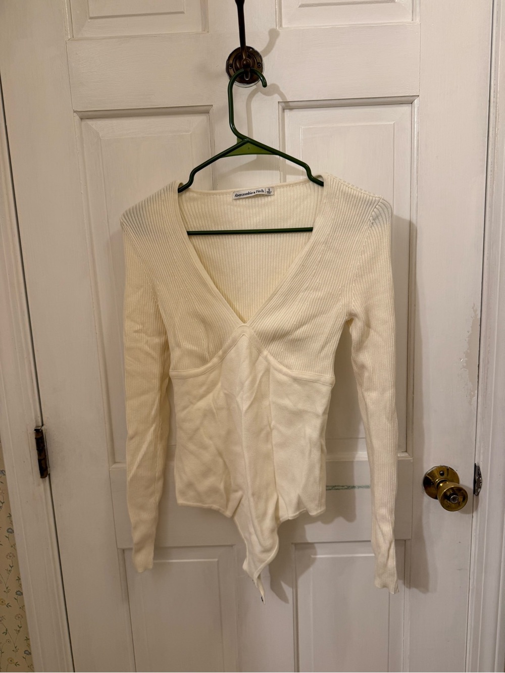 Abercrombie & Fitch Cream Ribbed V-Neck Bodysuit